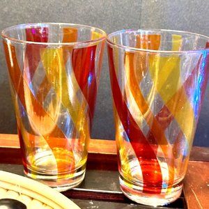 Vintage Pair Of Italian Cerve Clear Yellow Red Tumbler Juice Glasses Barware